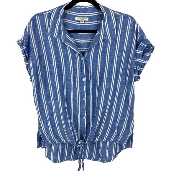 JACHS Girlfriend Blue White Striped Linen Blend Tie Front Shirt Medium - Picture 2 of 11